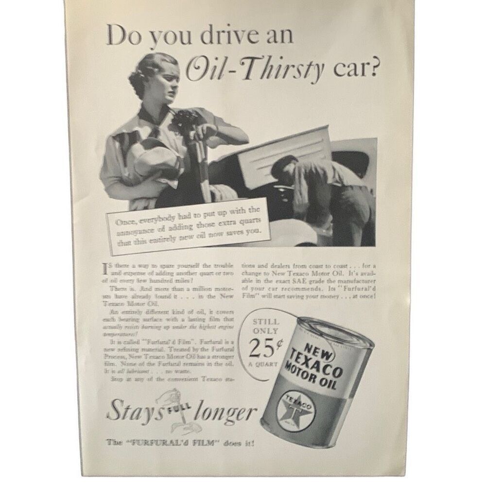 Vintage 1936 Texaco Motor Oil An Oil Thirsty Car Ad Advertisement